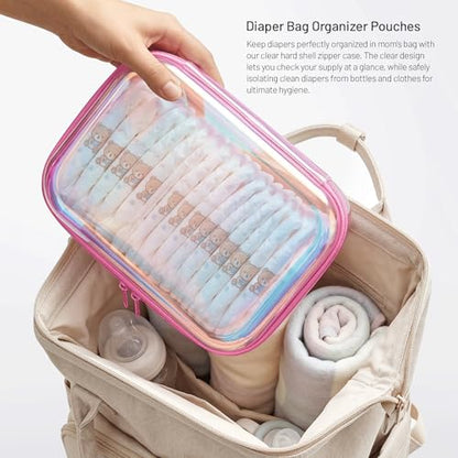 Clear Hard Shell Organizer Cases, 2 Pack | Iridescent PET shell with water-resistant, scratch-resistant surface for travel, toiletries, electronics and daily essentials - color: Pink Iridescent