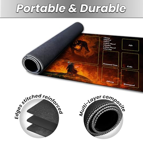 MTG Playmat TCG Card Mat Magic The Gathering Play Mat with Zone 24x14 Inch - color: Wizard Vs Flame Demon,with Zone