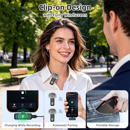 Wireless Microphone for iPhone Android Phone, USB C Mini Clip on Mic | Noise Canceling, 24H Battery Life with Charging Case, 70Ft Range, Lavalier Mic for Content Creators Video Recording Vlogging