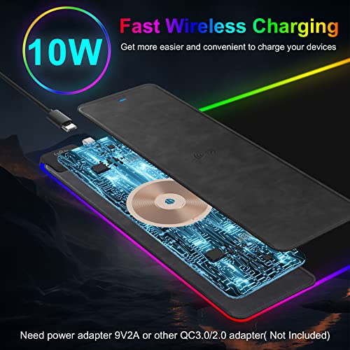Wireless Charging RGB Gaming Mouse Pad, 31.5"x15.7" Large Desk Mat, Desk Pad with Wireless Charger, Non-Slip Rubber Base, Waterproof, Computer Keyboard Mat for Gamer, Office, Home, Black - color: Black, size: 15.7L x 31.5W inches