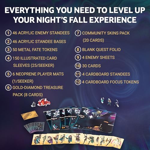Kinfire Chronicles: Upgrade Kit, Deluxe Accessory Pack with Metal Tokens, Acrylic Standees, Neoprene Mats, Custom Sleeves, Alternate Seeker Skins & DIY Quest, Ages 14+(Not Standalone, Needs Base Game)