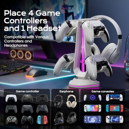Saitake RGB Controller Stand with 9 Light Modes,Controller Holder with 2 USB Ports,Headset Stand for Desk-Headphone Holder Suitable for All Headphones and Controller (White) - color: White