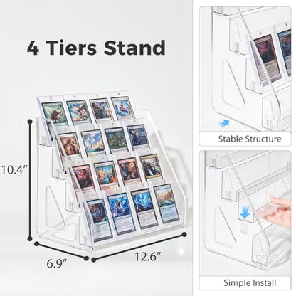 DEEIF 4 Tier Acrylic Trading Card Display Stand, 12" Riser Display Shelf for Magnetic Holders, Toploaders, PSA Graded Cards, TCG Sports Card Collection (1 Pack) - size: 4 Tier, 1 Pack