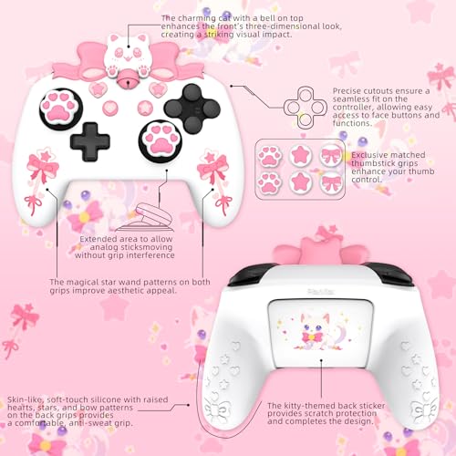 PlayVital Sweetheart Kitty Silicone Skin Compatible with Nintendo Switch Pro Controller Kawaii Anti-Slip Cover, Switch Pro Controller Joystick Grips & Protective Silicone Case - White - color: White