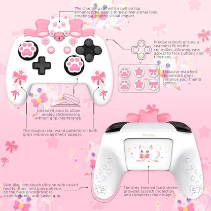 PlayVital Sweetheart Kitty Silicone Skin Compatible with Nintendo Switch Pro Controller Kawaii Anti-Slip Cover, Switch Pro Controller Joystick Grips & Protective Silicone Case - White - color: White