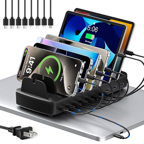 510W Fast Charging Station for Multiple Devices, 10 Port USB C Charger Station with Flame-Retardant Material & 8 Cables for iPhone, Android, iPad, Tablets, Family Office Desk Charging Dock Organizer - color: Black