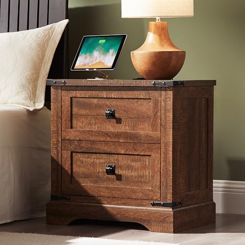 T4TREAM 24" Farmhouse Nightstand with Charging Station, Reclaimed Barnwood | End Table, 2 Large Storage Drawers, Rustic Wood Sofa Bedside Table, Bedroom, Living Room - color: Reclaimed Barnwood, size: 24"W*15.75"D*24"H