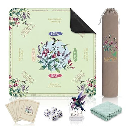 Green American Mahjong Mat Set with Carrying Bag and Gift Box for Home Game | Mahjong mat with rules, Hummingbird Floral, Natural Rubber Base, Noise Dampening Microfiber, Waterproof, Travel Ready - color: Green