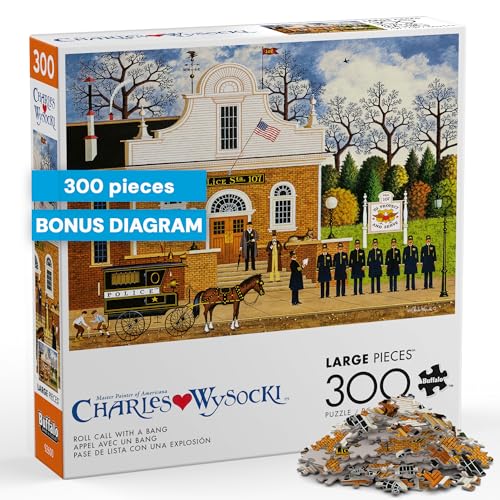 Buffalo Games - Charles Wysocki - Roll Call with a Bang - 300 Piece Puzzle | Art by Charles Wysocki, Made in USA, Easy-Grip Pieces, Recycled Board, Size: 22 x 15 in, With Poster, Frameable Art, Giftable