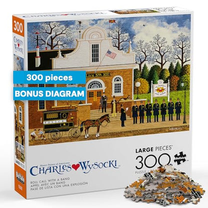Buffalo Games - Charles Wysocki - Roll Call with a Bang - 300 Piece Puzzle | Art by Charles Wysocki, Made in USA, Easy-Grip Pieces, Recycled Board, Size: 22 x 15 in, With Poster, Frameable Art, Giftable