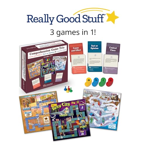 Really Good Stuff Reading Comprehension Board Game Trio, Grades 4-5 | Cause and Effect, Fact or Opinion & Context Clues, Set of 3 Games - size: Grades 4-5, style: Cause and Effect, Fact Or Opinion & Context Clues