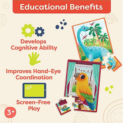 B. toys Wooden Puzzles Pack o' Puzzles Pets & Dinos 2-Pack Set, 2 Pack | 8 wooden jigsaw puzzles in 2 storage boxes; 12 pieces each, pet and dinosaur themes, color-coded backs, 2 Pack; 3+ Years - style: 2 Pack