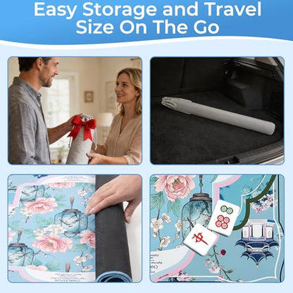 Chinoiserie Mahjong Mat with Rules Non Slip Table Cover Pavilion Design | 31.5"x31.5" with Velvet Storage Bag for Mahjong Poke Board Card Tile Games - color: Chinoiserie Light Gray