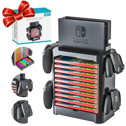 NS Compatible Nintendo Switch Games Holder, Nintendo Switch Stand - Black | Holds up to 10 Game Case & 4 controllers Game Disk Rack, Switch Holder Stand for Gamers, Nintendo Switch Accessories - color: Black