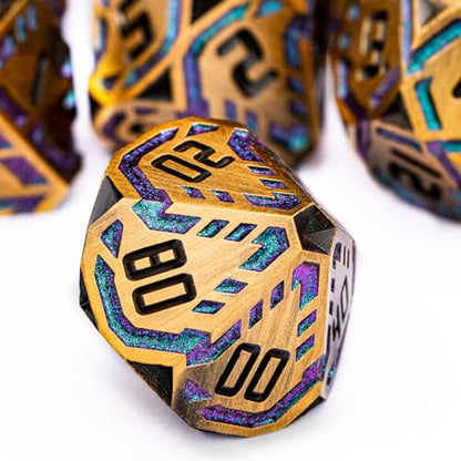 Metal DND Sci-fi Dice Set 7PCS Stripe Polyhedral Dice for Dungeons Dragons RPG Role Playing Game, Glitter D and D Dice with Gift Box D6 D8 D10 D12 D20 (Ancient Gold&Green Purple) - color: Ancient Gold - Green Purple