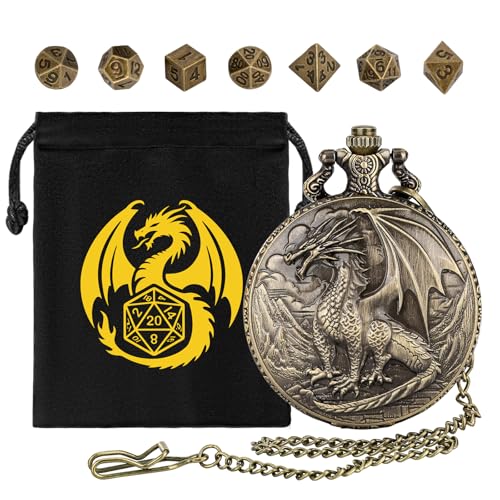 Mini DND Dice Set with Steampunk Dragon Pocket Watch Shell Case, 7pcs Polyhedral Metal DND Dice Set, DND Starter Set, D&D Gifts with Dragon Logo Gift Bag, Role Playing Board Games Accessories, Bronze - color: Bronze