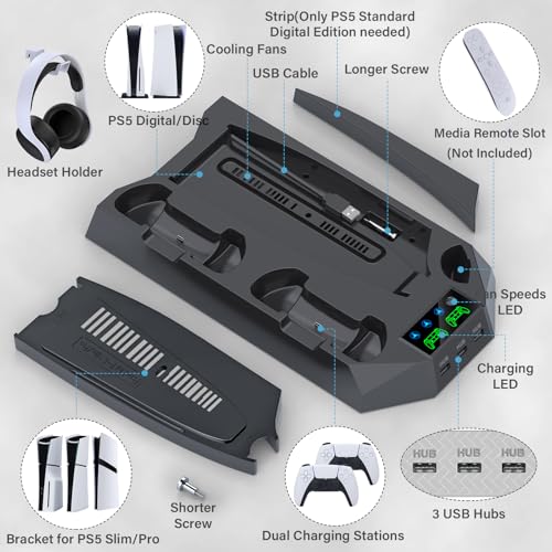 PS5/PS5 Slim/PS5 Pro Stand and Cooling Station with Dual Controller Charging Station for PlayStation 5 Console, PS5 Accessories Incl. Controller Charger, Cooling Fan, Headset Holder, 3 USB Hub, Black - color: Black