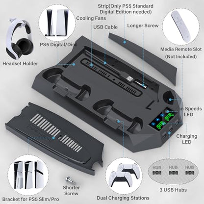 PS5/PS5 Slim/PS5 Pro Stand and Cooling Station with Dual Controller Charging Station for PlayStation 5 Console, PS5 Accessories Incl. Controller Charger, Cooling Fan, Headset Holder, 3 USB Hub, Black - color: Black