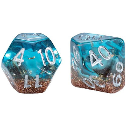 Gate Keeper Games and Dice: Inclusion Dice: Biome - Deep Sea - 7pc Set, Aquatic Blue, Sand & Conch Shell Inclusion, 7 Resin Dice for Role Playing Games