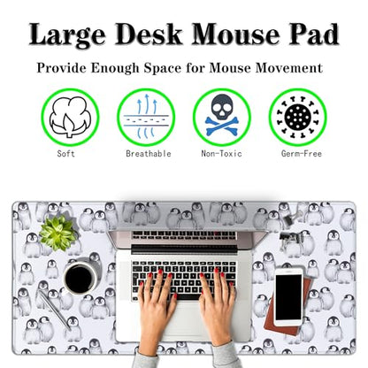 Gaming Mouse Pad White, Big Mouse Pads Office Desk Pad, XXL Mousepad Non-Slip Rubber Base Waterproof with Stitched Edges, 35.4 X 15.7 inch for Work/Game/Office/Home Little Penguin Isolated - color: Little Penguin Isolated