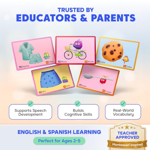 Kidrox 100 First Words Flash Cards for Toddlers, English with Spanish Learning Cards, Preschool Vocabulary & Speech Development Toy with Peek-a-Boo Sleeve for Memory Enhancement & Pattern Recognition - style: First 100 Words
