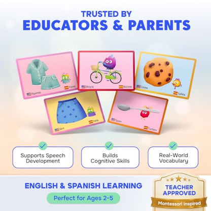 Kidrox 100 First Words Flash Cards for Toddlers, English with Spanish Learning Cards, Preschool Vocabulary & Speech Development Toy with Peek-a-Boo Sleeve for Memory Enhancement & Pattern Recognition - style: First 100 Words
