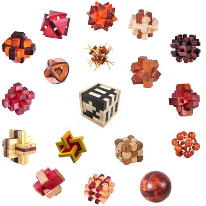 18 Pack Large Wooden Brain Teaser Puzzles Wooden Burr Puzzles Brain Teaser Puzzle with Gift Packing Box Magic Puzzle Games Toys Stocking Stuffers Party Favors for Kids and Adults (Classical Wood) - style: Classical Wood
