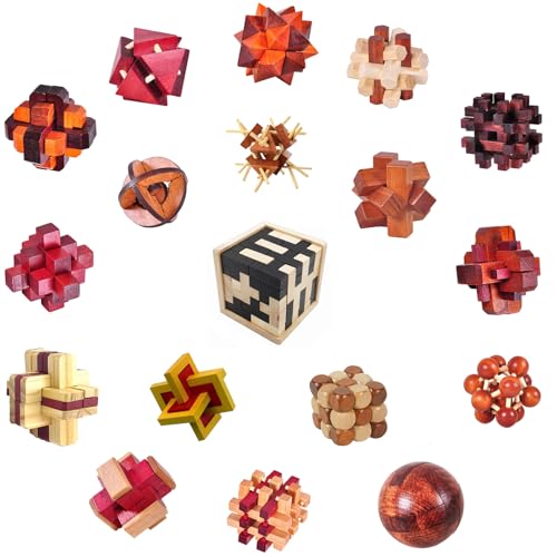 18 Pack Large Wooden Brain Teaser Puzzles Wooden Burr Puzzles Brain Teaser Puzzle with Gift Packing Box Magic Puzzle Games Toys Stocking Stuffers Party Favors for Kids and Adults (Classical Wood) - style: Classical Wood