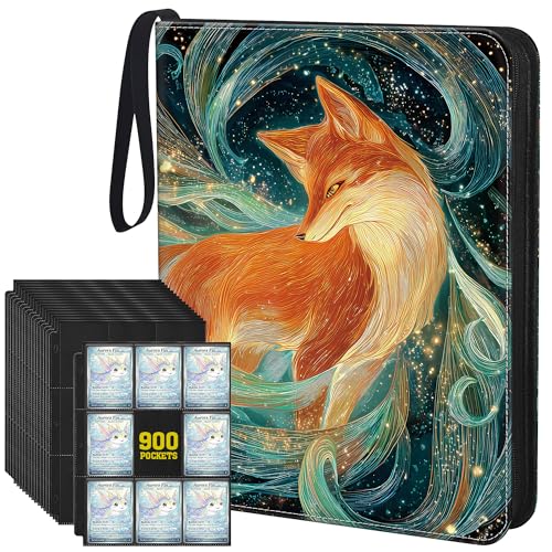 Trading Card Binder 9 Pocket, 900-Pocket Zippered 3-Ring Card Binder with 50 Double-Sided Pages, Fits 2.5" x 3.5" Cards, Acid-Free PVC-Free, Water-Resistant PU Cover, Wrist Strap, Fox Design - color: Teal Swirl Fox