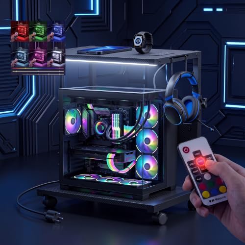 Computer Tower Stand with LED Light Strip, Mobile Rolling CPU Holder | Height Adjustable PC Tower Stand with Charging Station for Office/Home - Black Texture - color: Black Texture, size: 19.29'' × 11.42'