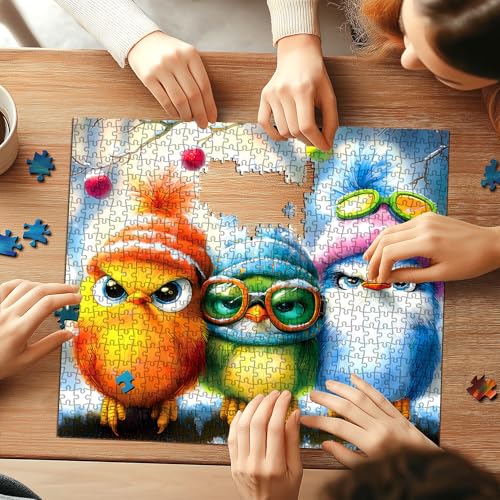 Whimsical Winter Birds 500 Piece Jigsaw Puzzle for Adults Cute Cartoon Colorful Owls in Hats Family Puzzles with Letters on Back Challenge Game Night Fun Gift (20"x20") - color: Whimsical Winter Birds