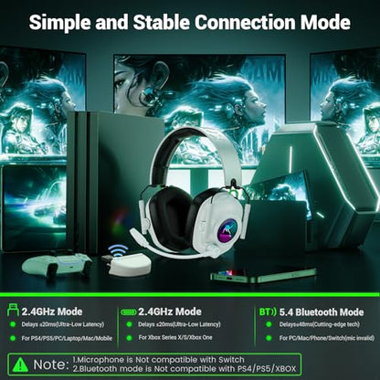 Krysenix Wireless Gaming Headset with Noise Canceling Mic for Xbox, PS5 | Low latency<20ms|Dual Mode (2.4GHz+BT)丨Compatible: PC/PS5/PS4/Switch/Mac/Tablet/Phone丨50H Battery丨Foldable Design - color: White for XBOX