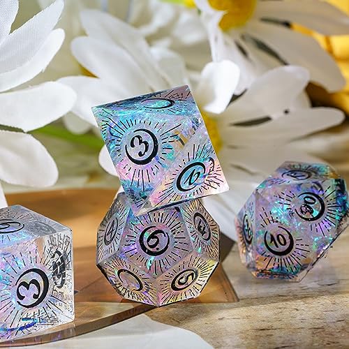 Cusdie Sharp Edges DND Dice, 7 PCs Moon Dice Set D&D Dice, Handcrafted Polyhedral Dice Set, for Role Playing Game Pathfinder(Moon/Black) - color: Moon Pattern-transparent Black