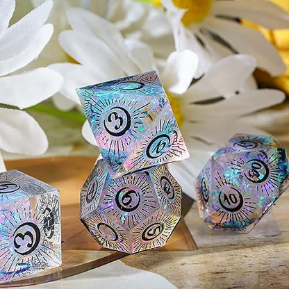 Cusdie Sharp Edges DND Dice, 7 PCs Moon Dice Set D&D Dice, Handcrafted Polyhedral Dice Set, for Role Playing Game Pathfinder(Moon/Black) - color: Moon Pattern-transparent Black