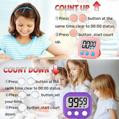 Timer for Kids Teachers Supplies Digital Kitchen Timers for Cooking Large Magnetic Classroom Timer 2Pack-Pink Purple - color: Pink Purple