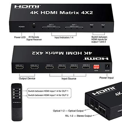 4x2 HDMI Matrix Switch, 4 in 2 Out Matrix HDMI Video Switcher Splitter + Optical & L/R Audio Output, Support Ultra HD 4K,3D 1080P, Audio EDID Extractor with IR Remote Control | HDMI Matrix Switch Supports Audio Extractor, Auto Downscaler, HDMI2.0, HDCP2.2