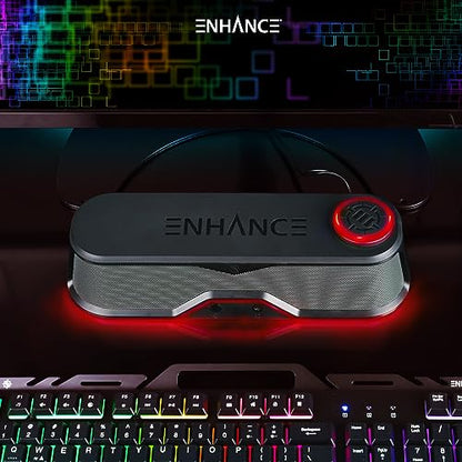 ENHANCE SB1 High Excursion Computer Soundbar - USB Powered Computer Speaker, Under Monitor Speaker with 10W Peak, LED Volume Control Knob, Headset Pass Through, Gaming Soundbar for PC - color: Red