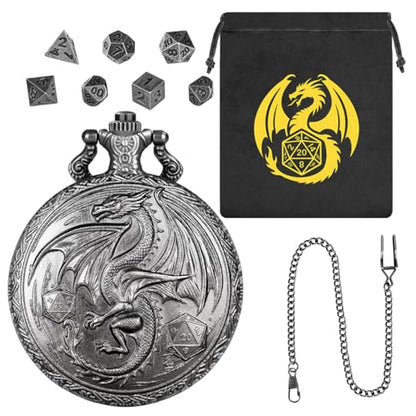 Mini DND Dice Set, Steampunk Winged Dragon Pocket Watch Shell Case, 7-Piece Polyhedral Metal D&D Dice, DND Gift Bag with Dragon Logo, Role Play Board Game Accessories, Dark Silver - color: Dark Silver