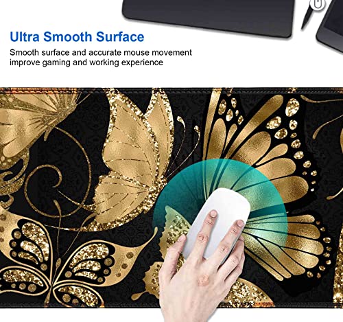 IMAYONDIA Black and Gold Desk Mat (35.4x15.7 in), XL XXL Gaming Large Mouse Pad, Non-Slip Rubber Base Big Keyboard Deskmat for Desktop, Computer Accessories, Butterfly Gold Glitter Foil Art - color: Gold Glitter Butterfly