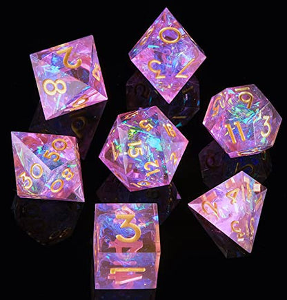 Sharp Edge DND Dice Set Handmade 7 Accessories Dice for Dungeons and Dragons TTRPG Games, Multi-Sided RPG Polyhedral Resin Sharp Edge Dice Roleplaying Games - color: Dice-pink Purple6