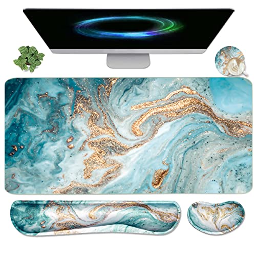 Keyboard Mouse Pad Set, Extended Mouse Pad+Keyboard Wrist Rest Support, Memory Foam Ergonomic Easy Typing, 3Pcs (35.4×15.7 in) Desk Pad Set for Home Office Study Game-Green Marble - color: Green Marble