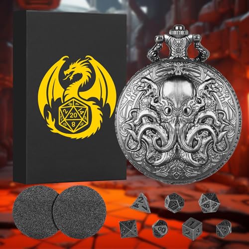 Mini DND Dice Set with Steampunk Double Eyed Octopus Pocket Watch Case, Tiny 7PCS Polyhedral Metal D&D Dice, DND Gifts with Gift Box, Role Playing Game Board Game Accessories Dice, Dark Silver - color: Dark Silver