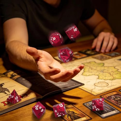 Metal Dice Set, Flat Face Red Plum Blossom Pattern, 7pcs Polyhedral Metal DND Dice Set, DND Starter Set, D&D Gifts with Gift Bag, Role Playing Board Games Accessories, Red - color: Red With Gift Bag