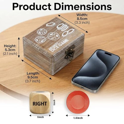 Left Right Roll Dice Game Set - 3 Wood Dice & 36 Plastic Chips in Wooden Box, Fun Family Party Dice Games for Adults, Teens & Friends, Brown - color: Brown