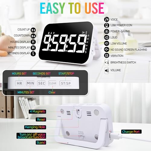 Kitchen Timer for Cooking, Rechargeable Digital Magnetic Timer with Large LED Display, Loud Alarm, Sound Countdown, 4 Volume Levels and 3 Brightness for Classroom, Study (White) - color: White