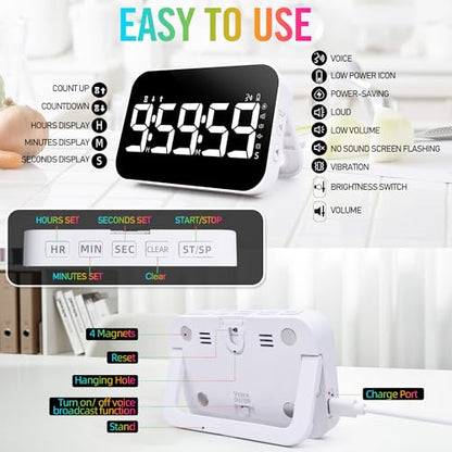 Kitchen Timer for Cooking, Rechargeable Digital Magnetic Timer with Large LED Display, Loud Alarm, Sound Countdown, 4 Volume Levels and 3 Brightness for Classroom, Study (White) - color: White