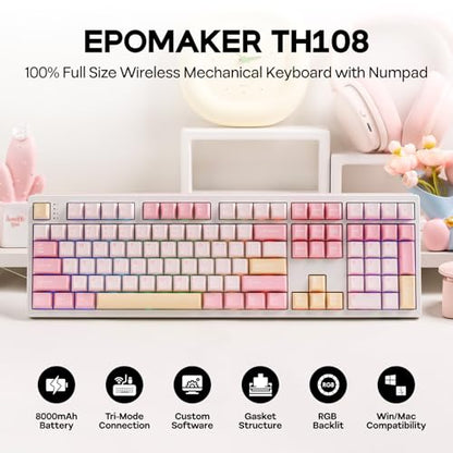 EPOMAKER TH108 Full Size Mechanical Keyboard, Wireless Gaming Keyboard with 8000mAh Battery, Creamy Gasket, 108 Keys, Hot Swap, Custom Driver, RGB Backlight (Pink, Creamy Jade) - color: Pink, size: Creamy Jade