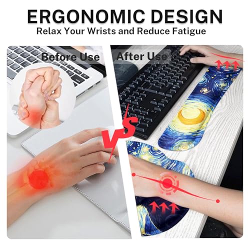 Britimes Cat Blue Moonlight Keyboard Mouse Pad Set Oil Painting Abstract 4in1 Large Mousepad+Keyboard Wrist Rest+Mouse Wrist Rest+Coaster Ergonomic Design for Home Office Computer 35.4x15.7 inches - color: Cat Blue Moonlight