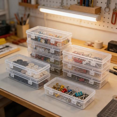 8 Pieces Rectangular Empty Mini Clear Plastic Organizer Box | 6.5 x 2.56 x 1.38 Inch, Hinged Lids, For Small Items, Craft Projects - size: 165 x 65 x 35 mm