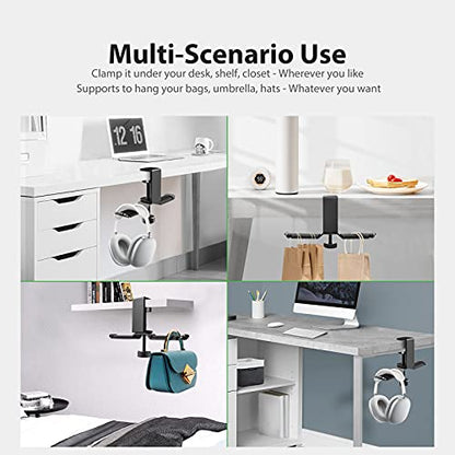 Dual Headphone Stand Hanger Under Desk, 360 Degree Rotating Aluminum Gaming Headset Holder with Adjustable Clamp, Universal Metal Earphone Hook Mount for All Headsets, Black